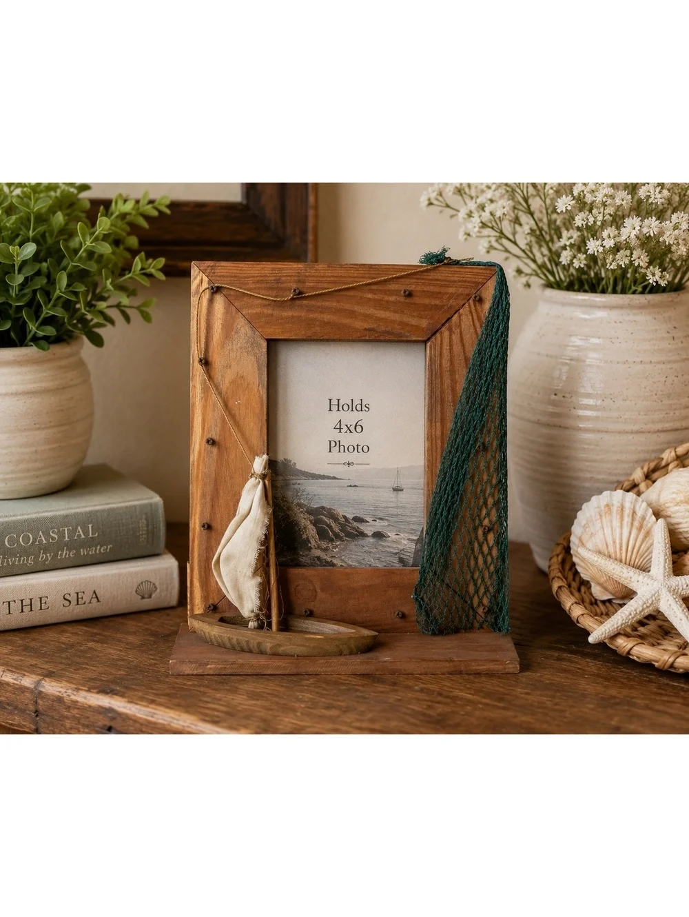 Vintage Nautical Wooden 4x6 Picture Frame With Sailboat & Fishing Net Accent